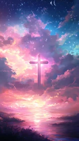 Radiant cross glowing softly in a dreamlike sunset sky.