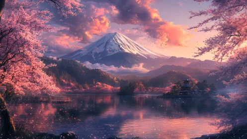 Snowcapped mountain rises over cherry blossoms at sunset lake