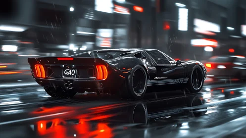 Black retro sports car speeds through wet neon city street