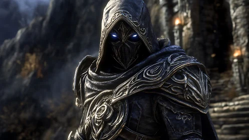 Mysterious hooded guardian with glowing eyes stands watch.