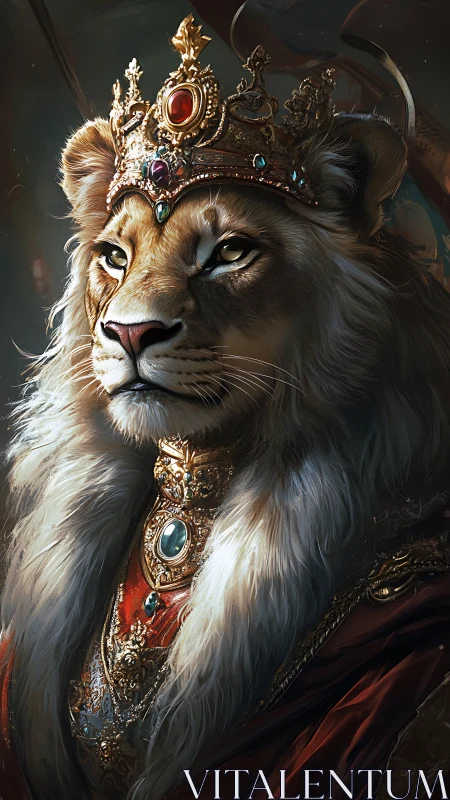 Regal lion monarch wears jeweled crown and ornate robes