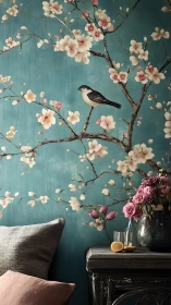 Bird and cherry blossoms on teal bedroom feature wall.