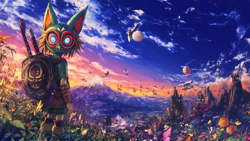 Masked feline wanderer surveying hyperchromatic valleyscape.