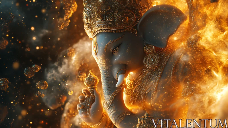 Elephant-headed deity figure is rendered in luminous 3D detail