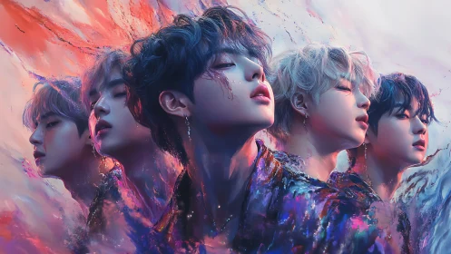 Surreal digital portrait of five expressive male figures.