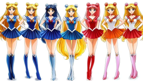 Colorful anime sailor heroines stand in bold formation