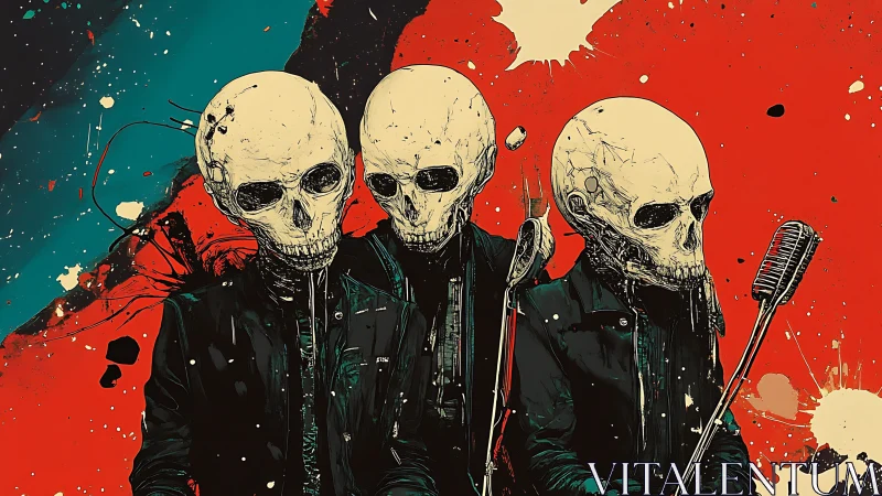 Skull-headed rock trio against splattered red and teal backdrop.