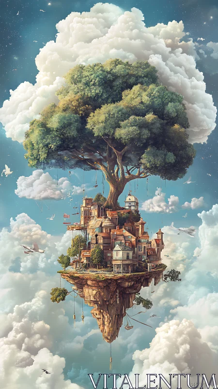 Floating treetop village drifting softly through the clouds.