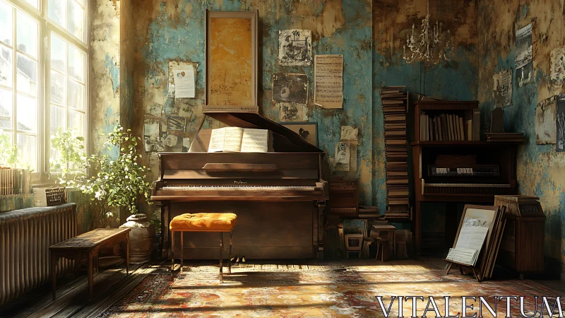 Sunlit vintage piano room humming with quiet stories.