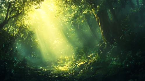 Sunlit forest clearing channels dramatic golden light