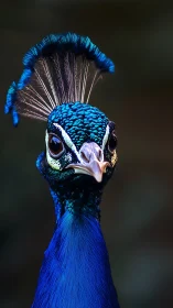 Curious blue peacock gazing ahead with bright, playful charm.