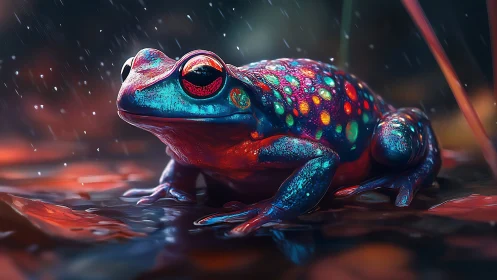 Bioluminescent rain-soaked frog in shallow reflective puddle