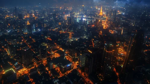 Neon rivers of traffic carve glittering paths through nightfall