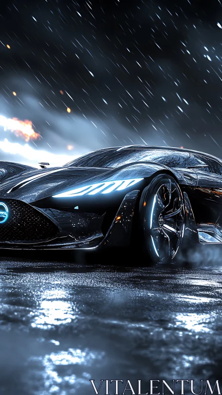Futuristic sports car on wet city street at night.