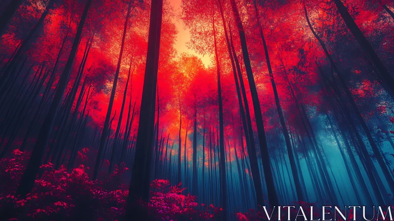 Enchanted Forest Glowing in Brilliant Red and Gold Light