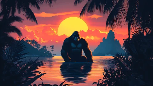 Sunset guardian gorilla wading through a tropical lagoon.