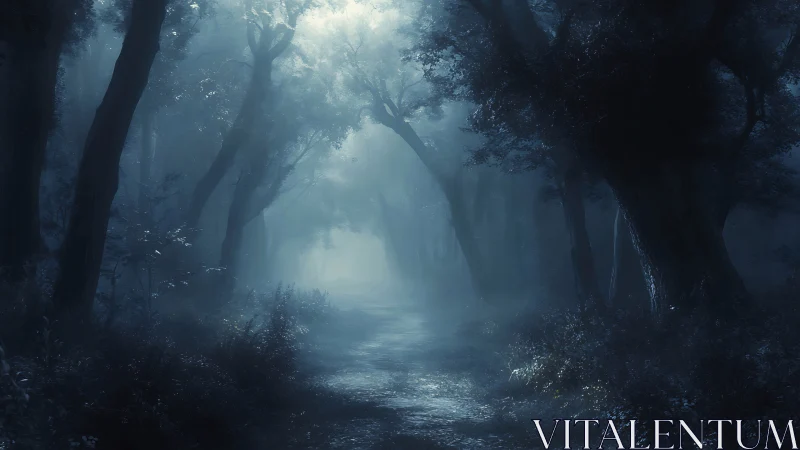 Misty Forest Path With Ethereal Light Breaking Through Ancient Trees