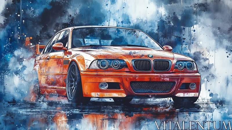Orange BMW sports sedan in dynamic watercolor scene.