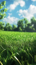 Sunlit summer meadow with soft clouds and bright grass.