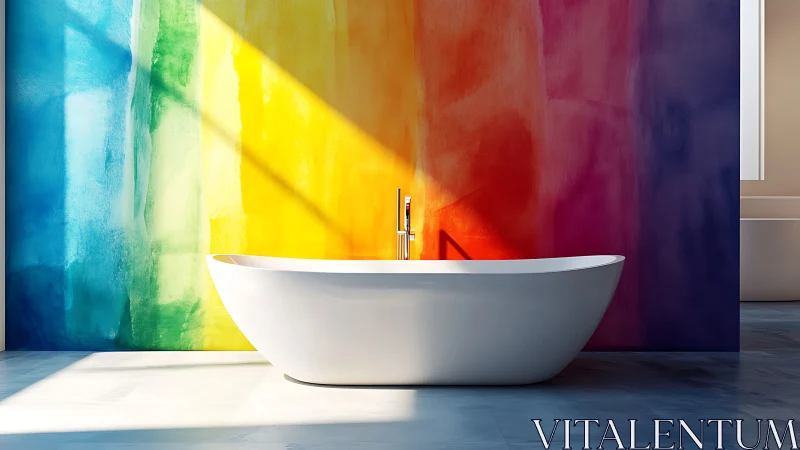 Sunlit soaking capsule before a watercolor rainbow wall.