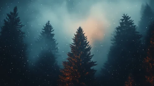 Snowfall over misty evergreen forest at dusk glow.