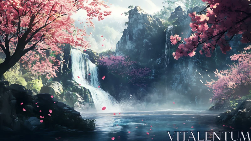 Velvet waterfalls and cherry blossom daydream escape.