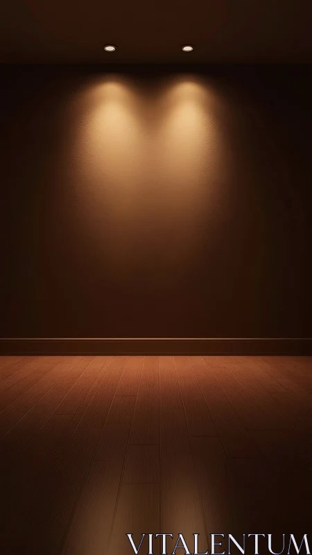 Warm spotlighted wall over polished wooden floor at night.