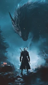 Cinematic fantasy confrontation with colossal wolf in misty ravine.