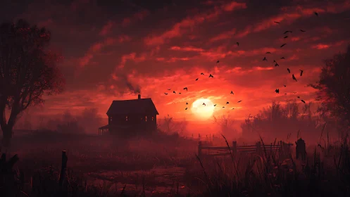 Crimson sunset gently wraps a lonely farmhouse in misty glow