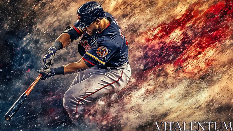 Dynamic baseball slugger amid explosive color swirl.