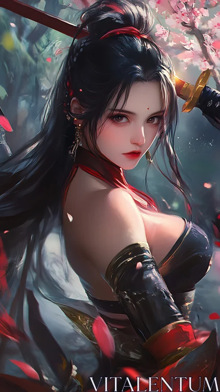 Female warrior in stylized armor with sword and blossoms.