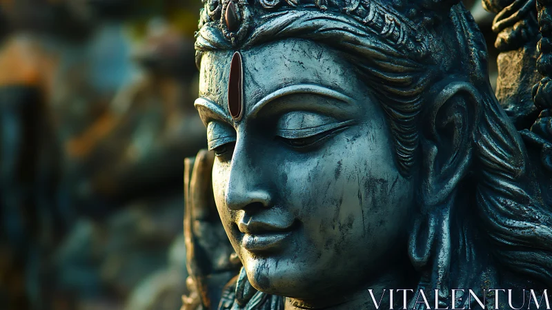 Close-up bronze deity sculpture rendered in warm side light