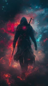 Cyberpunk warrior in nebular flames with dual chroma field.