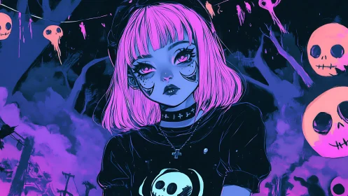 Neon goth girl stands calmly in a dreamy skull filled night