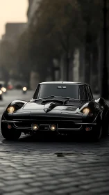 Midnight street predator: sleek black classic coupe prowling.
