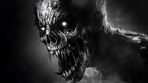 Undead skull creature roars in stark monochrome closeup view