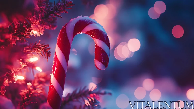 Red and white candy cane on tree branch in soft focus light.