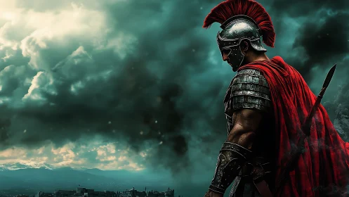 Armored Roman soldier under storm clouds in battlefield scene.