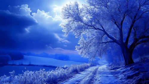 Moonlit winter lane under frosted trees and dreamy skies.