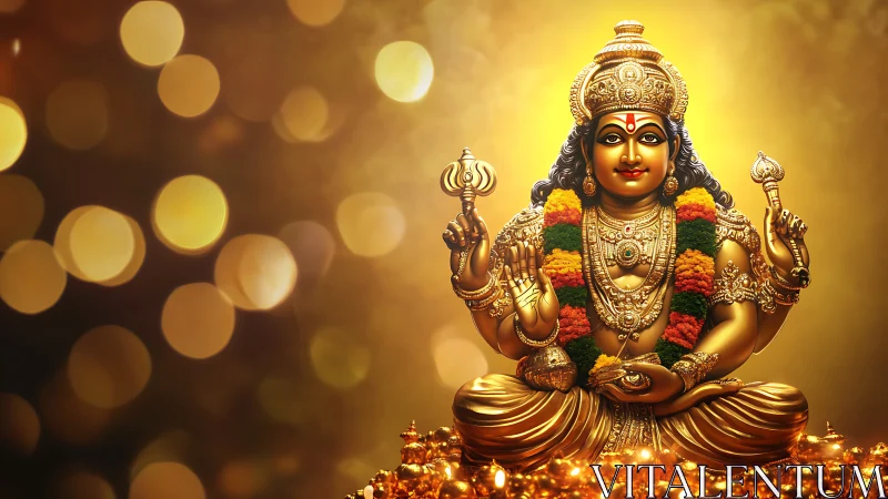 Golden Hindu deity statue radiates light on glowing altar