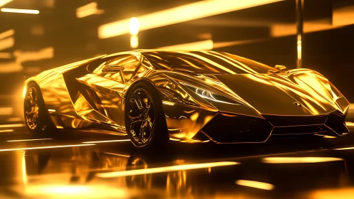 Golden futuristic supercar in luminous tunnel environment.