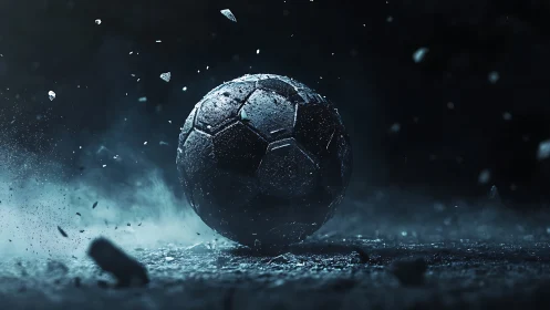 Shattered dark football suspended in cinematic impact dust.