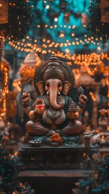 Ganesha statue in decorated outdoor shrine at night.
