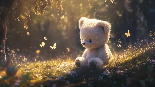 Soft plush teddy bear in sunlit forest clearing with butterflies
