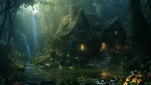Forest cottage beside stream with waterfall at twilight.