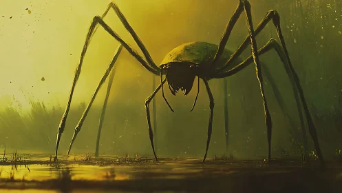 Giant multi-legged arthropod form in a misty wetland scene.