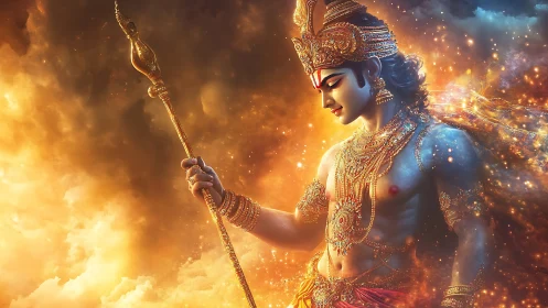 Solar crowned warrior saint walks through thunderous dawn.