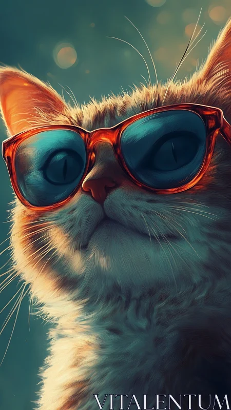 Cat Wearing Red Sunglasses Against Teal Bokeh Background
