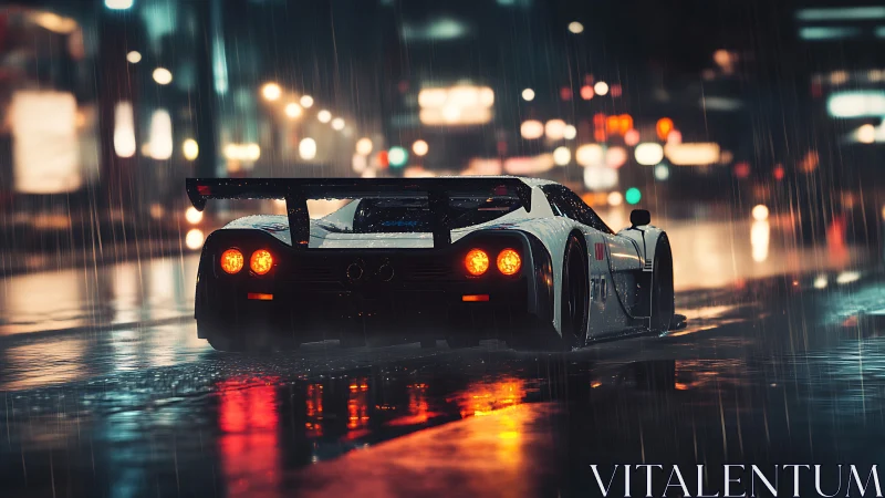 Turbo race car slices through neon drenched city rain