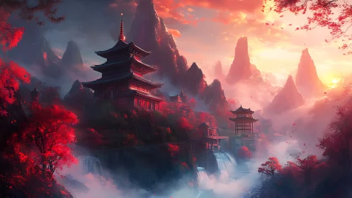 Crimson mountain temples glow softly in a dreamlike sunrise